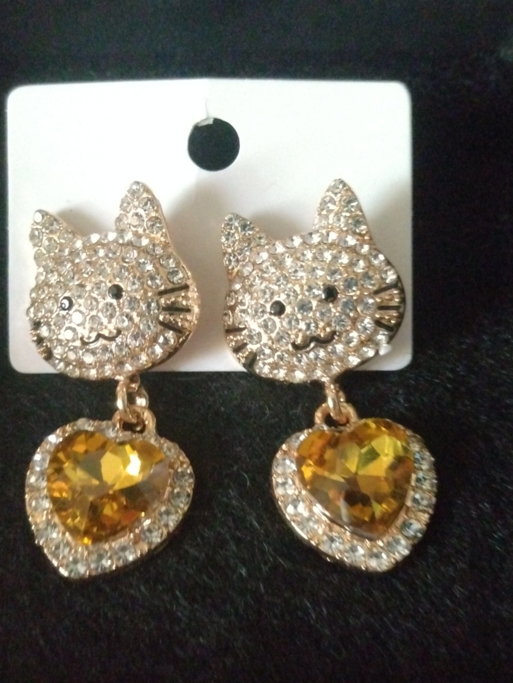 Gold Cat Face Earrings with Yellow Heart Crystals